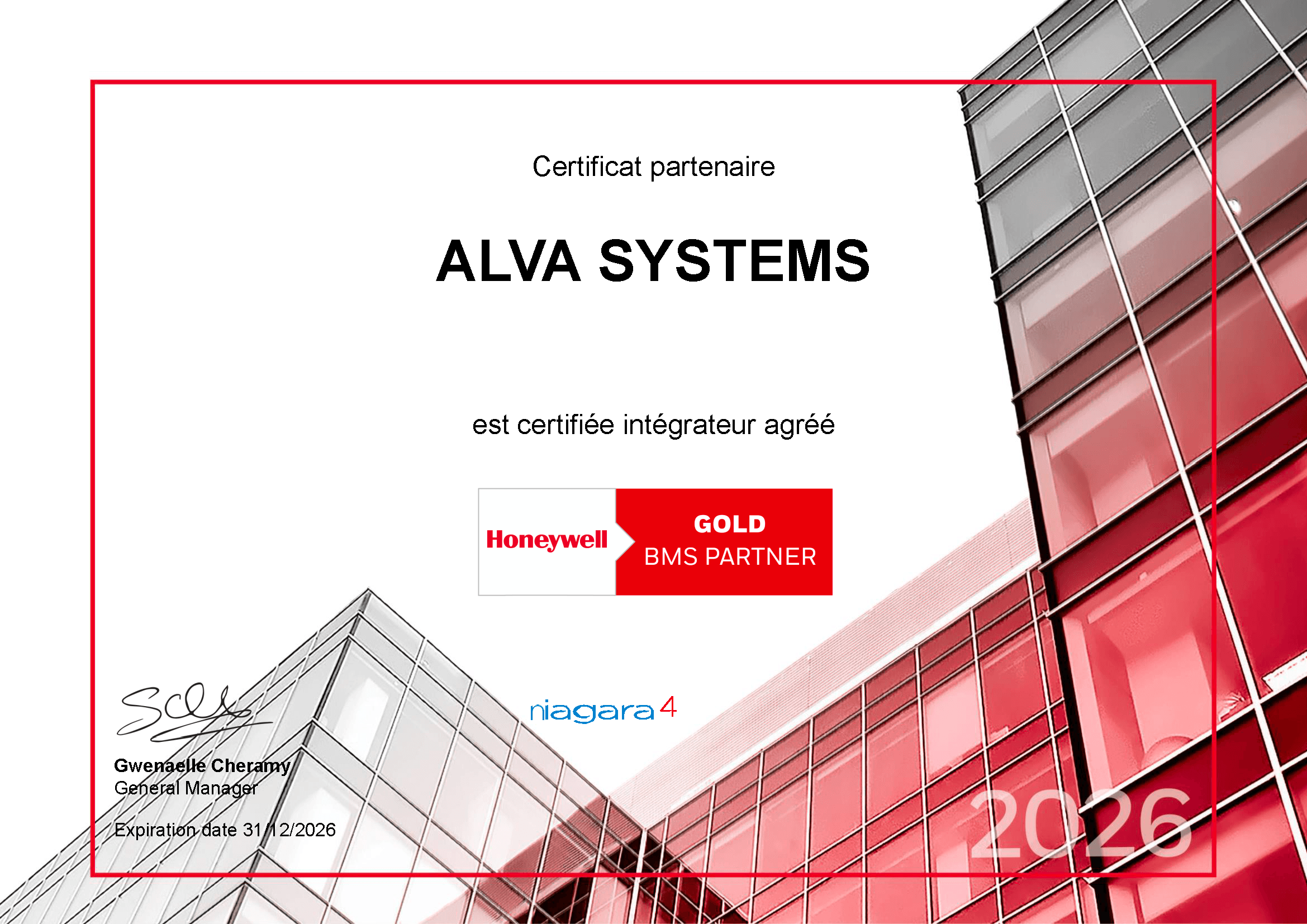 Certificat partenaire Honeywell, Alva Systems