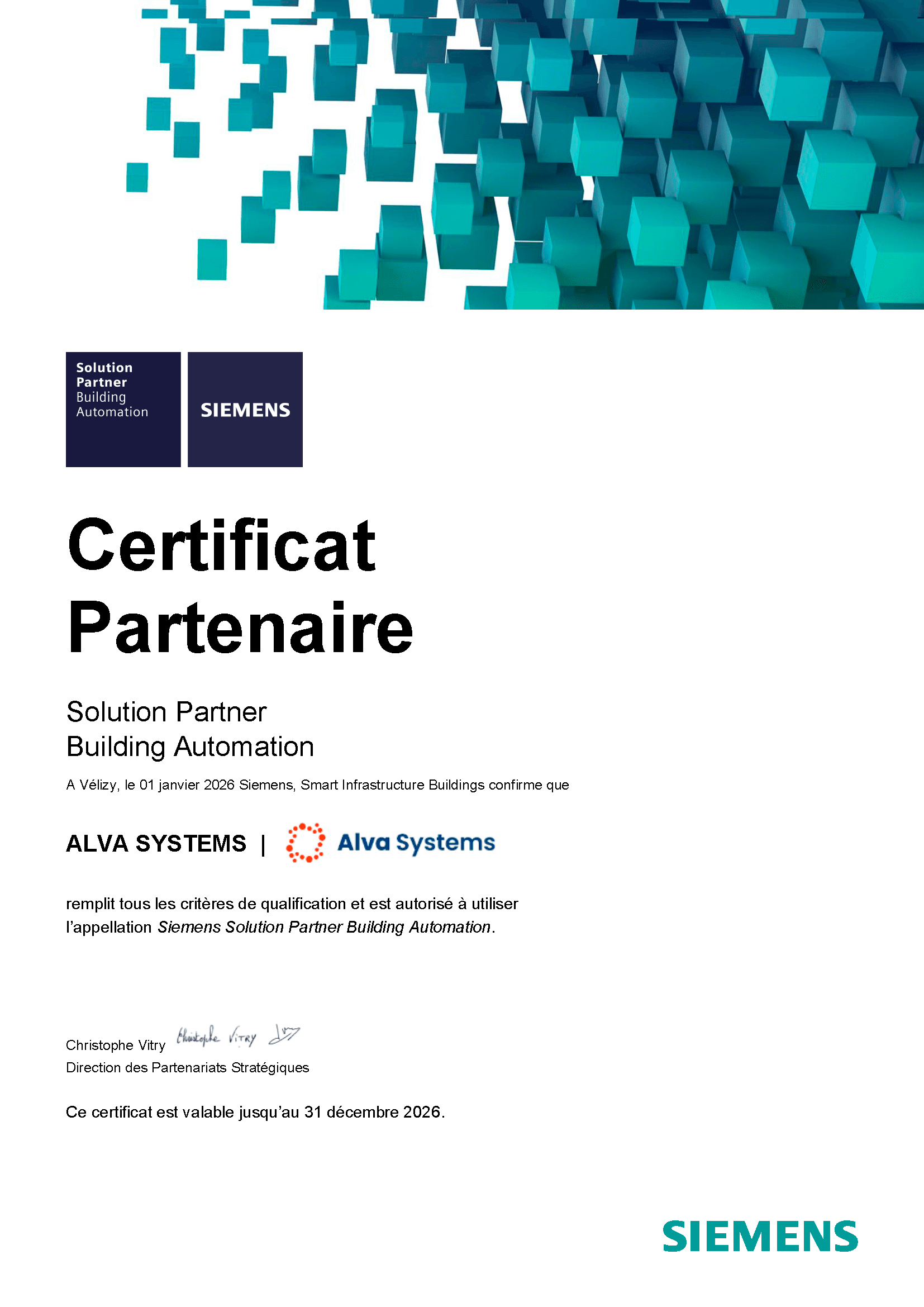 Certificat Siemens Solution Partner Building Automation, Alva Systems