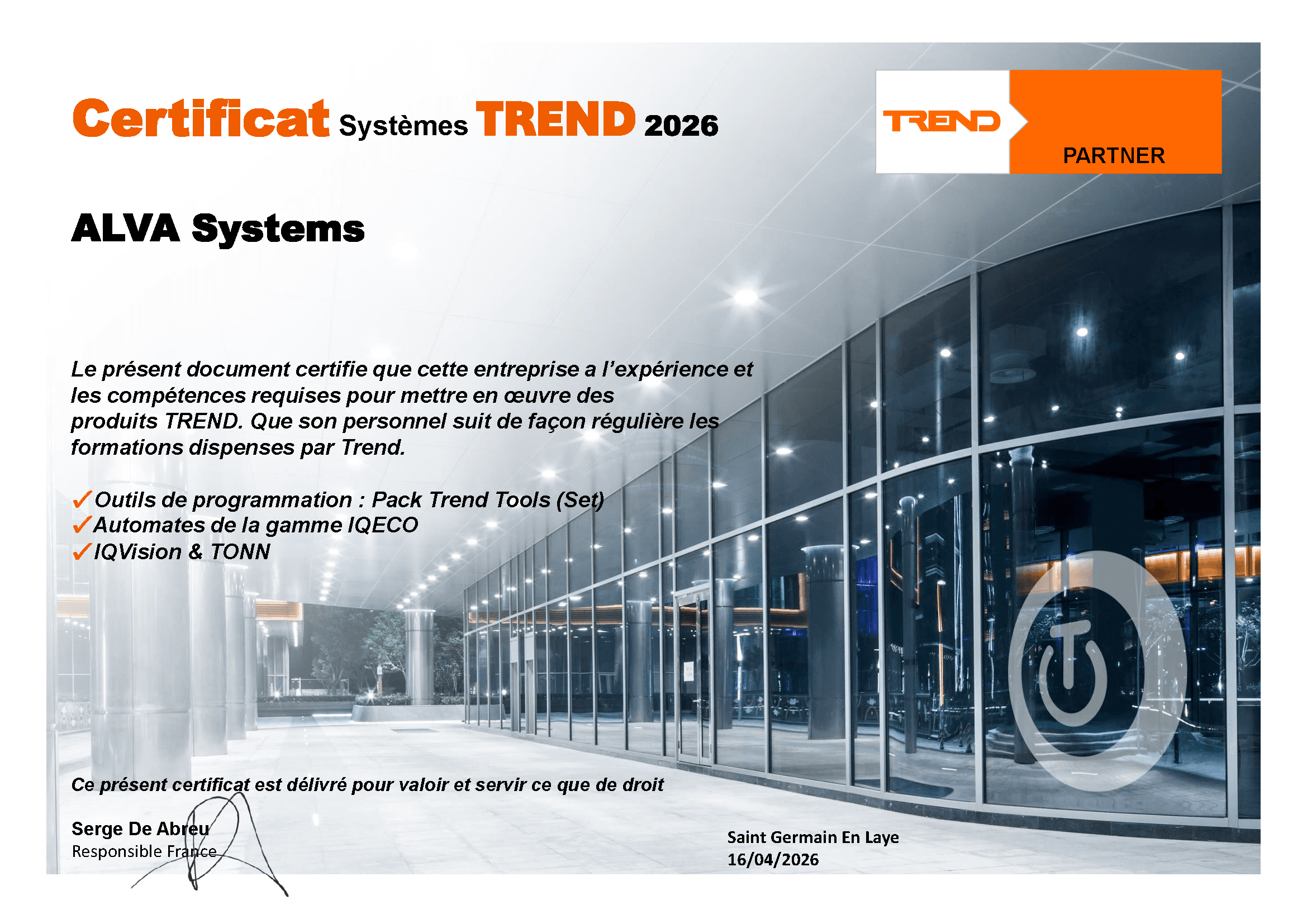 Certificat systèmes Trend, Alva Systems